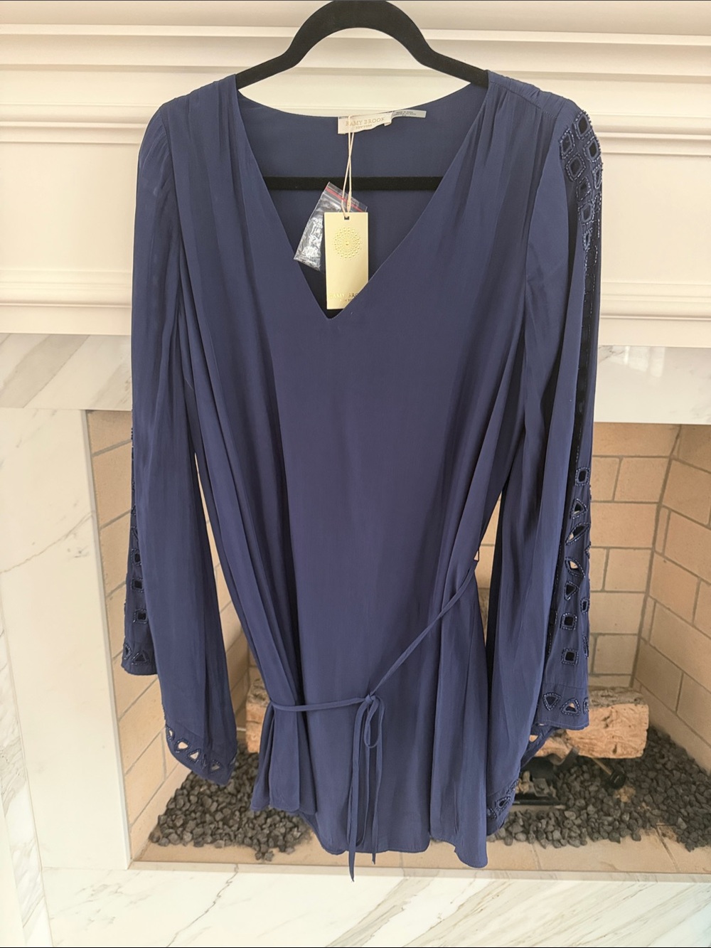 NWT Ramy Brook Navy Molly Long Sleeve V-Neck Dress with Tie Waist